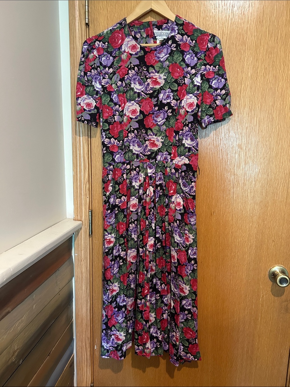 Jessica Howard Black Midi Dress with Red Roses and Purple Flowers